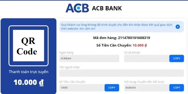 Biểu mẫu mô hình khi gửi tiền vào 78win qua mã QR